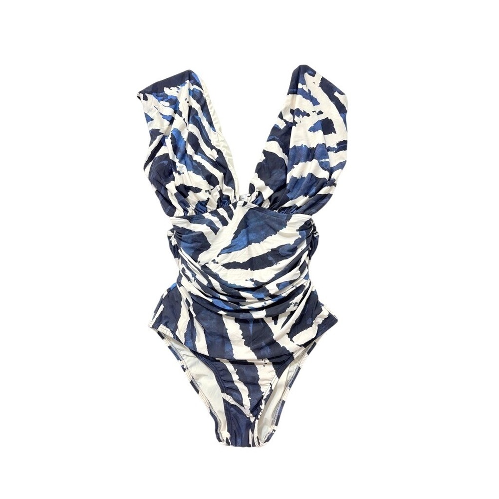 Lenny Niemeyer Blue White Abstract Zebra Ruched Plunge One Piece Swimsuit